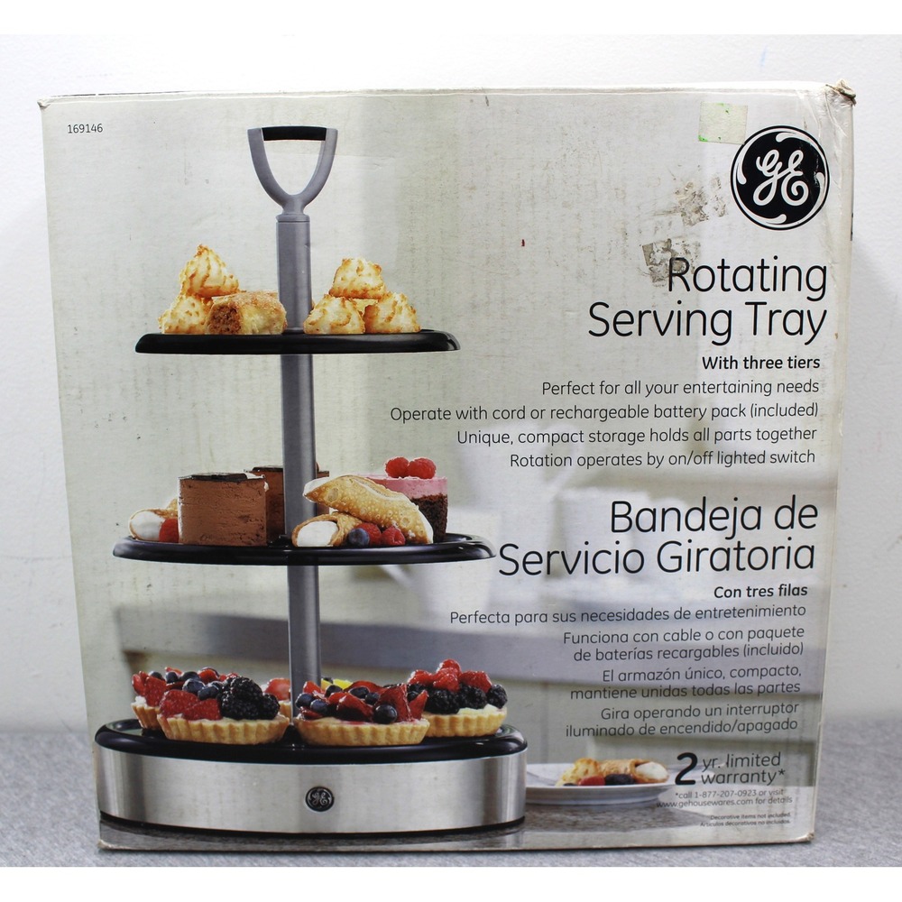 GE Rotating Serving Tray Silver 3-Tier Motorized Stand 169146 NEW OPEN BOX